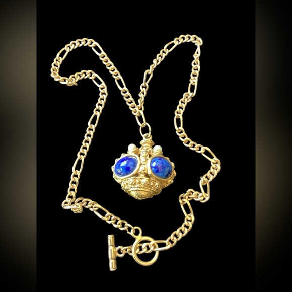 Vintage Crown Lapis & Pearl Pendant Necklace - Picture 1 of 10